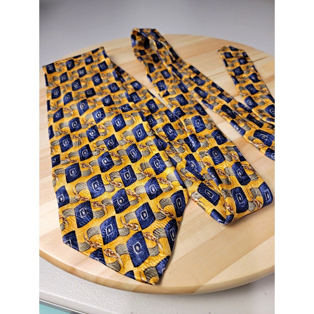 Robert Talbott Nordstrom Vtg Men's 100% Silk Woven Geometric Tie Gold Blue